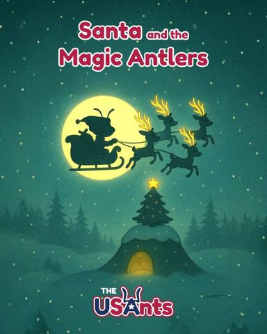 A silhouette of Santa in a sleigh pulled by reindeer with glowing antlers flies against a full moon over a snowy forest.