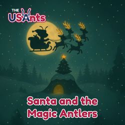 Santa Claus in sleigh led by reindeer flies over a snowy forest with a Christmas tree.