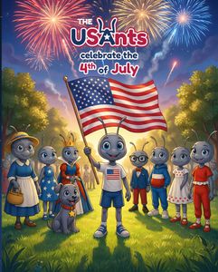 A cartoon ant in a red cap and blue jeans stands in a sunny forest near a rabbit and a jellybean. 