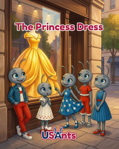 Five cartoon ants in colorful outfits look excitedly at a golden yellow princess dress in a shop window.