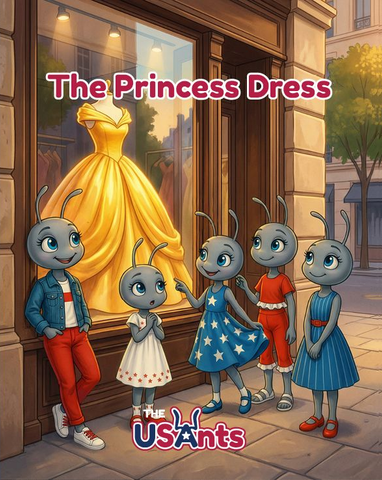 Five cartoon ants in colorful outfits look excitedly at a golden yellow princess dress in a shop window.