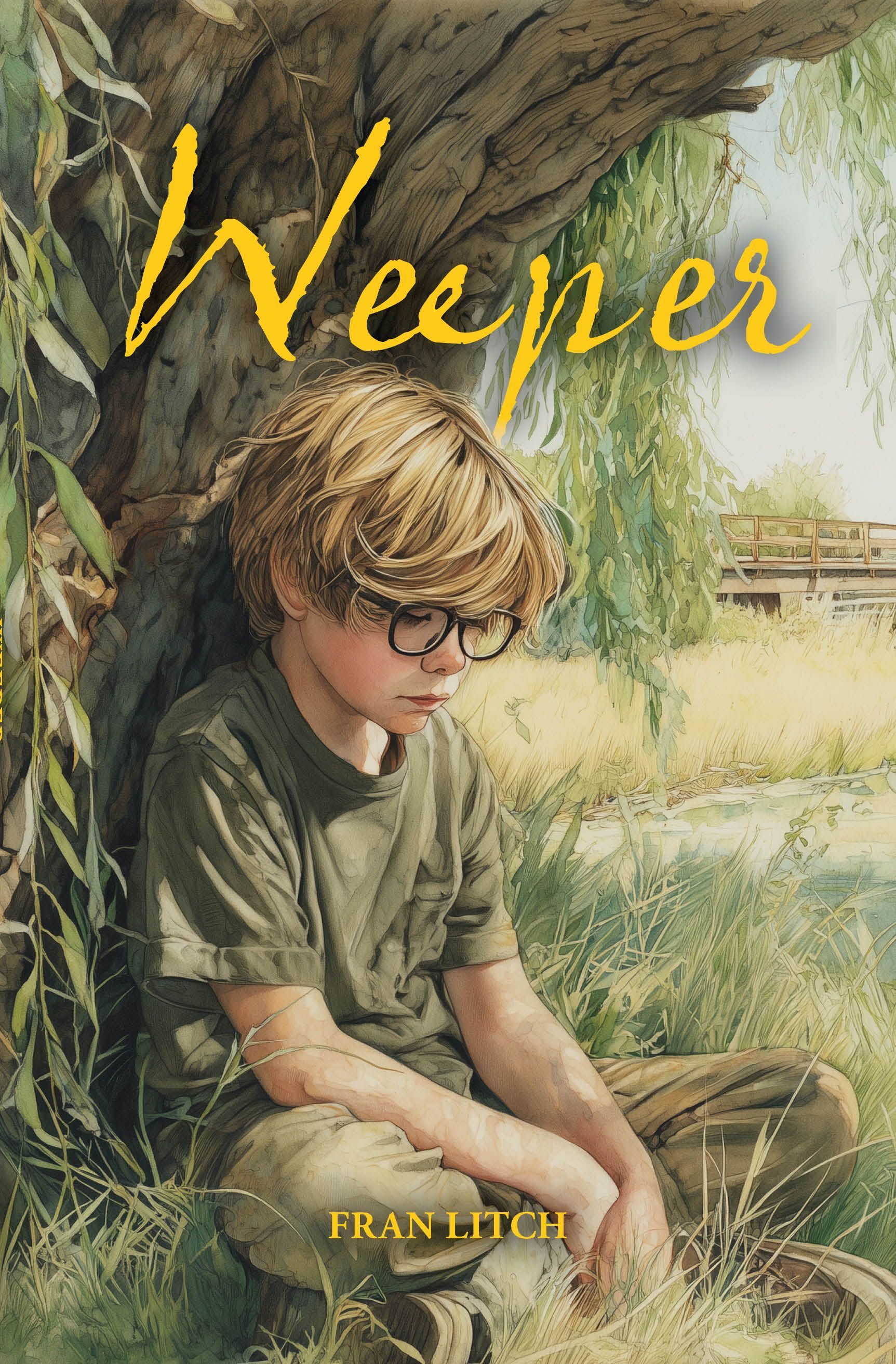 Boy with glasses sits under a tree, looking sad. Book cover with the title