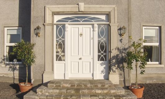 The front door of a house with potted plants in front of it