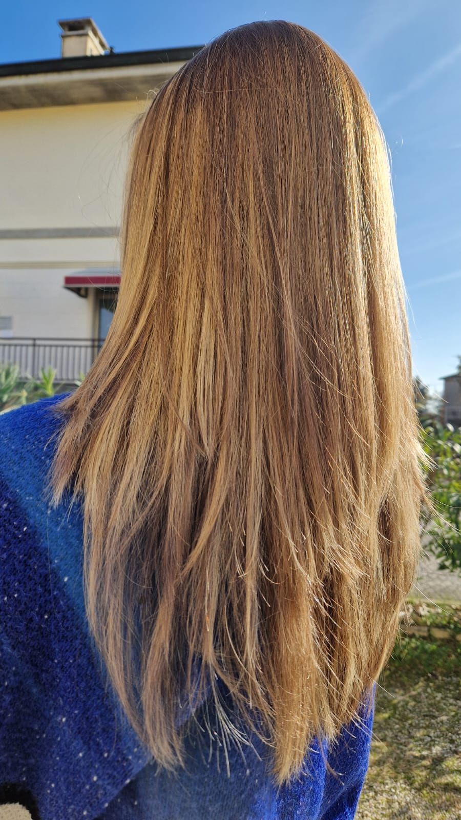 Capelli biondi esposti al sole, che arrivano a metà schiena, su uno sfondo di maglione blu e una casa.