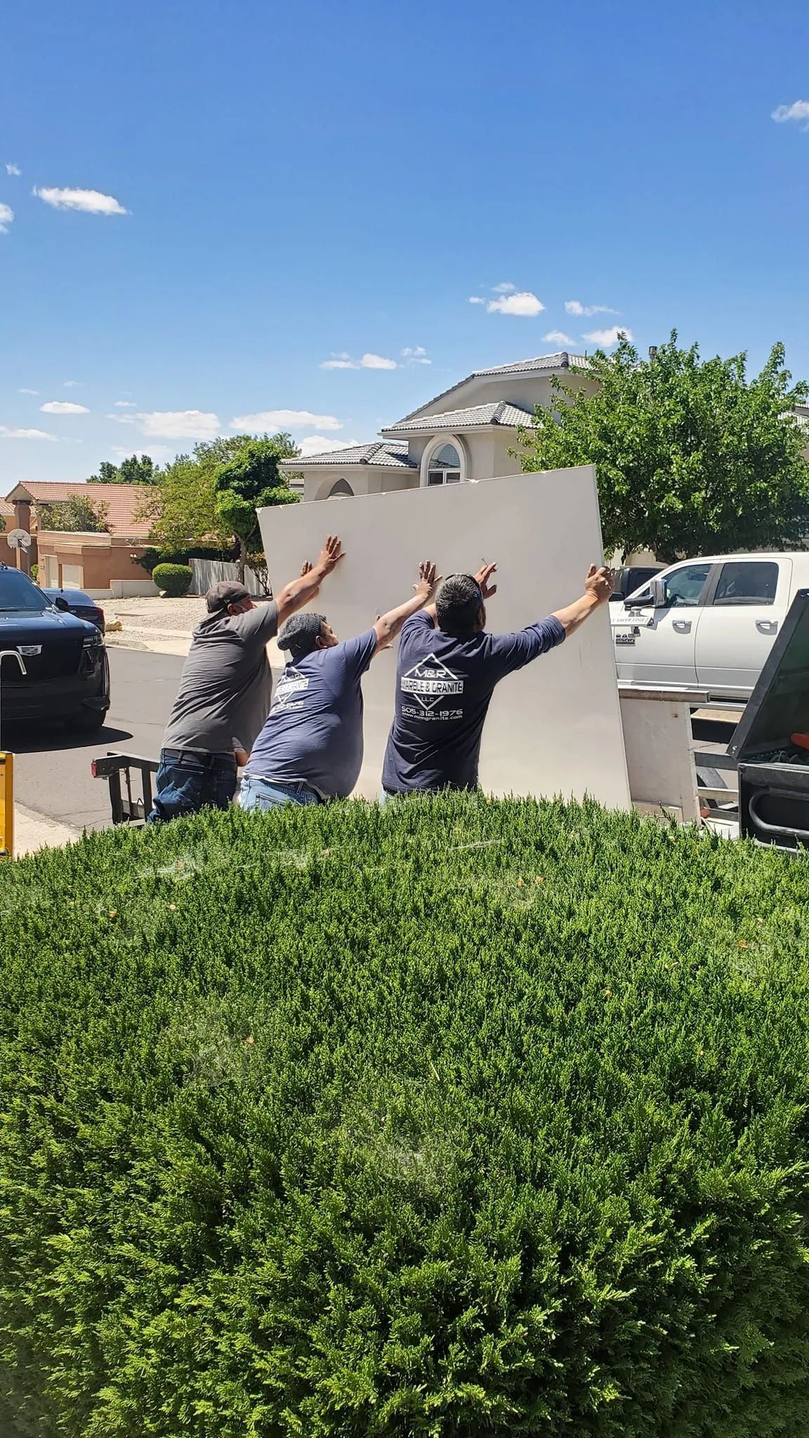 A group of men are standing next to each other in front of a hedge.