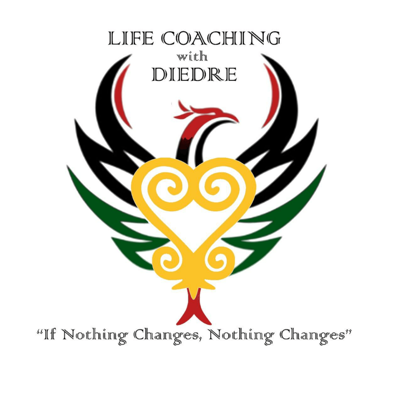 A logo for life coaching with diedre with a bird and a heart