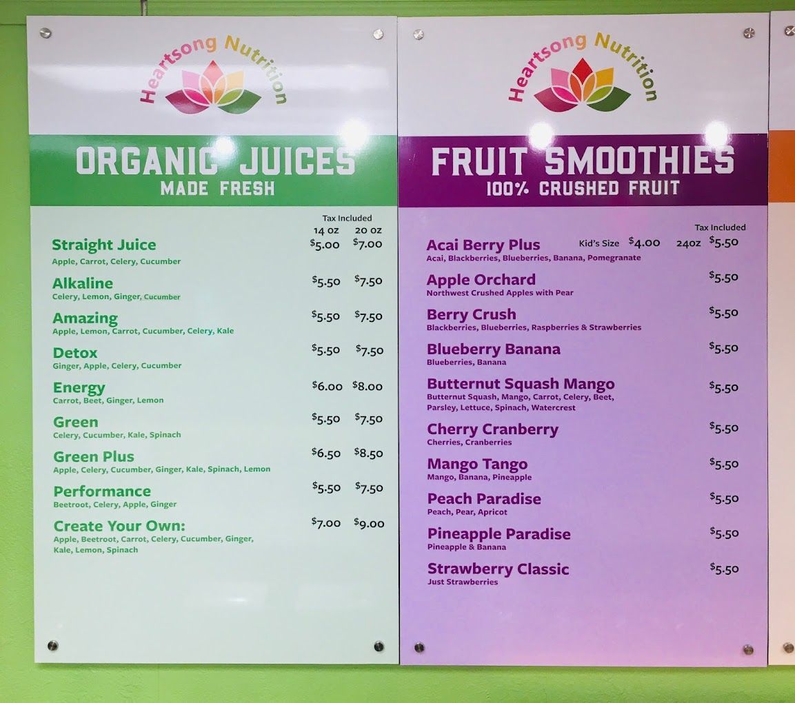 A menu for organic juices and fruit smoothies
