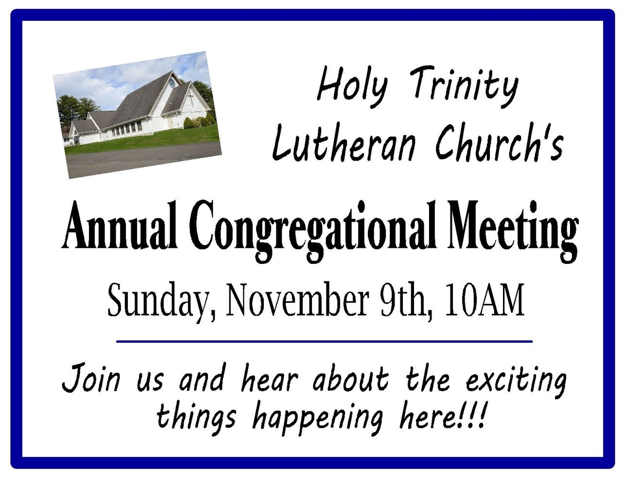 Flyer for Holy Trinity Lutheran Church's annual meeting on November 9th at 10 AM.