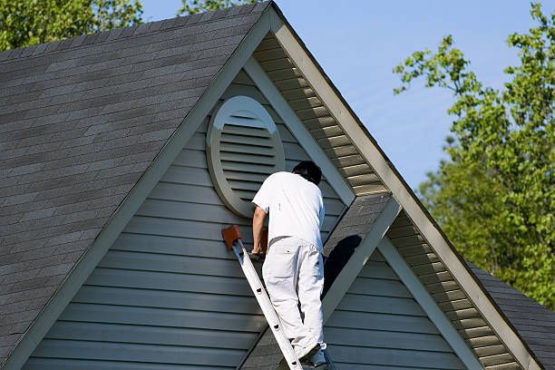Person on ladder painting a house's siding near an oval vent.