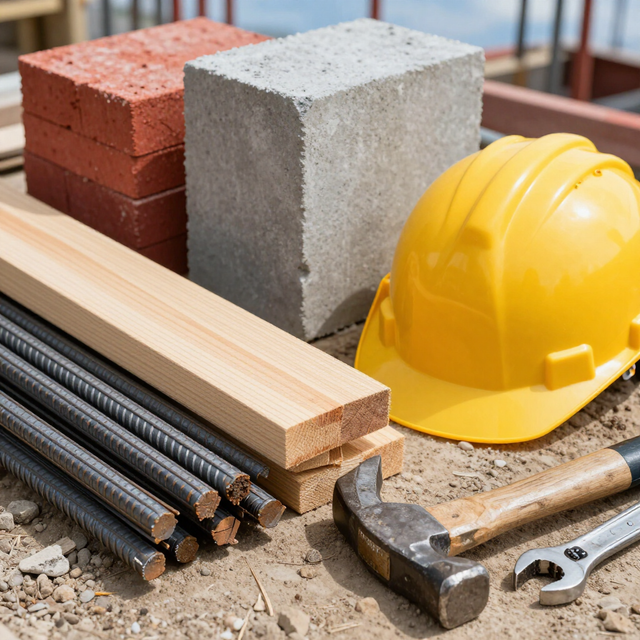 Materiales de construcción: ladrillos, bloques de hormigón, varillas de refuerzo, madera, un casco amarillo, martillo y llave inglesa.