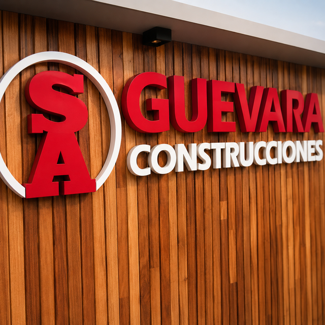 Letrero rojo y blanco de GUEVARA CONSTRUCCIONES en una pared revestida de madera.