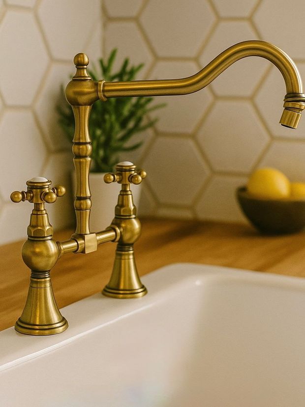 Grifo de cocina de latón sobre un fregadero blanco con un protector contra salpicaduras de azulejos hexagonales y un frutero al fondo.