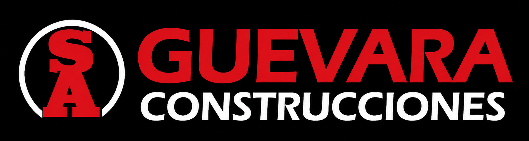 Logotipo rojo y blanco con la inscripción “GUEVARA CONSTRUCCIONES” y un emblema circular SA sobre fondo negro.