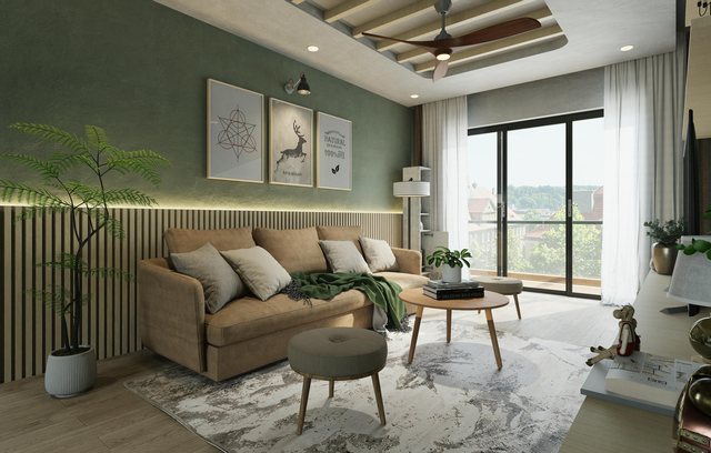 Sala de estar moderna con sofá beige, mesa de centro, cuadros, plantas y grandes puertas corredizas de vidrio.
