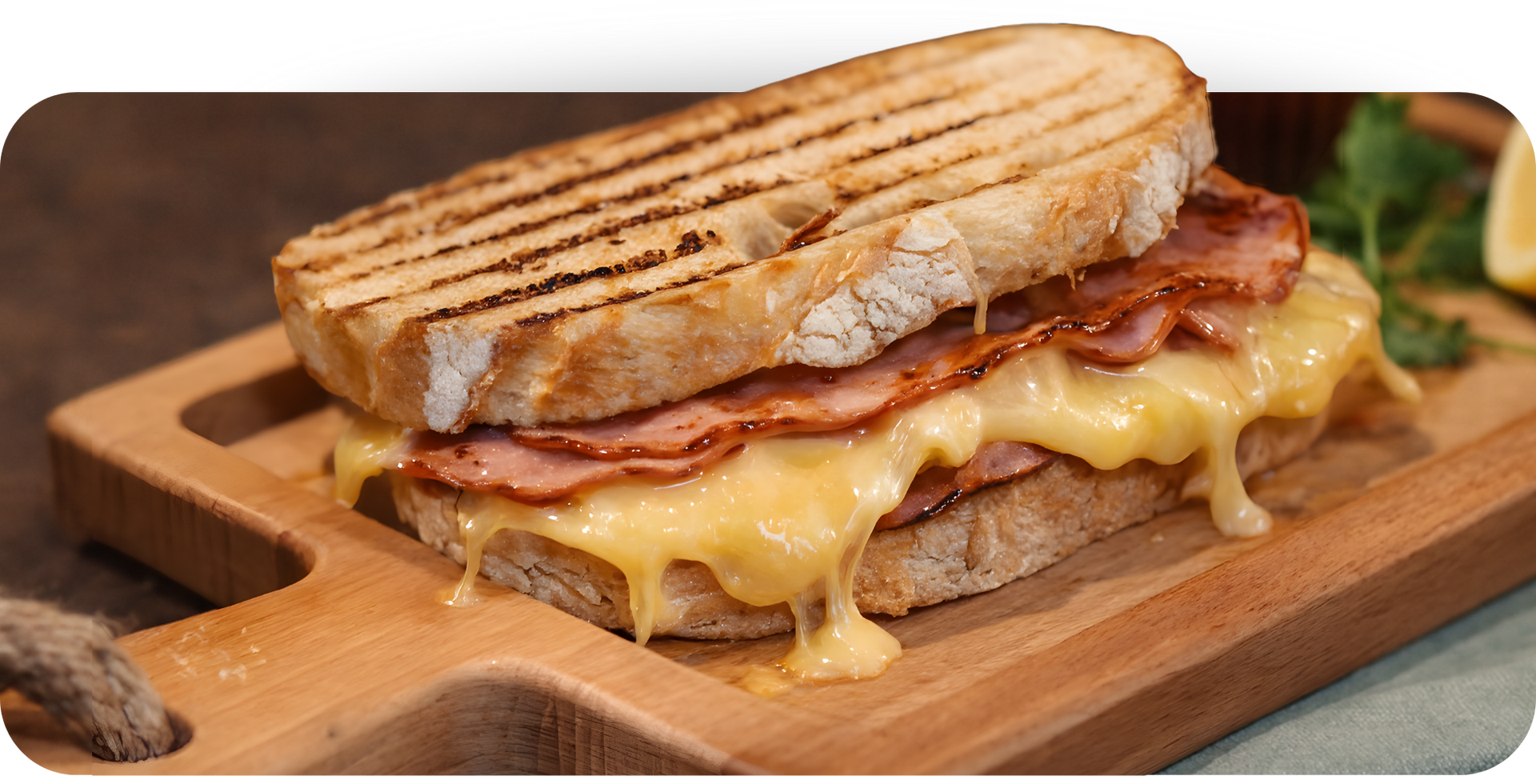 Gegrilde ham- en kaassandwich op een houten plank; de kaas is gesmolten en druipt ervan.