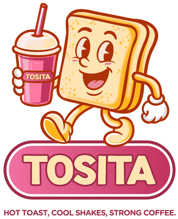 Een wandelende, antropomorfe toast met een roze milkshake en het 