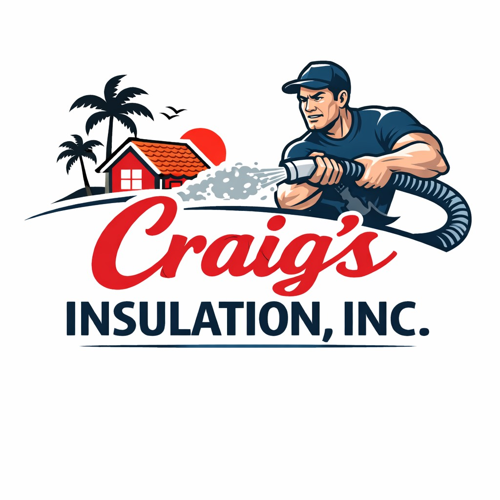 Logo for Craig's Insulation. A man spraying insulation towards a house, with a sunset and palm trees.
