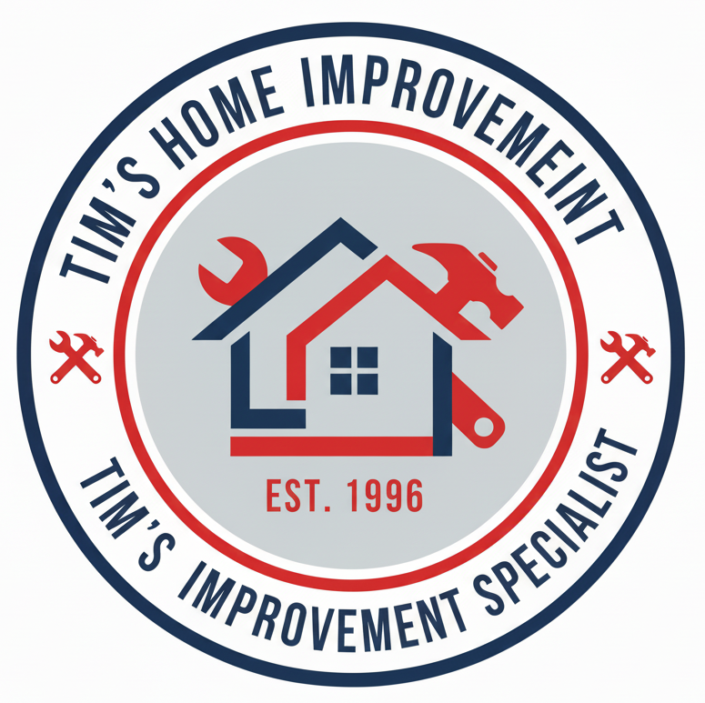 Logo for Tim's Home Improvement. Circular design with tools over a house outline, text