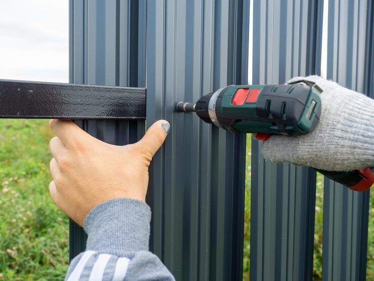 Person using a power drill to attach a black metal frame to a vertical corrugated metal fence.