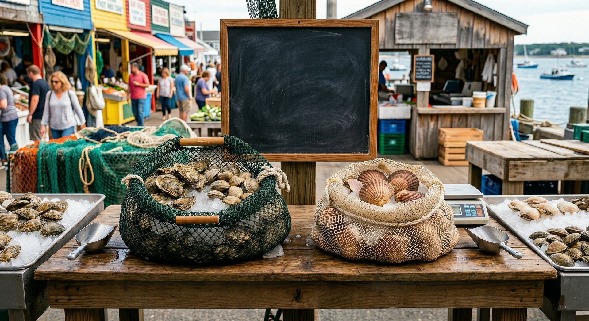 A wooden table displays two baskets of raw oysters and shellfish at an outdoor market near a harbor.