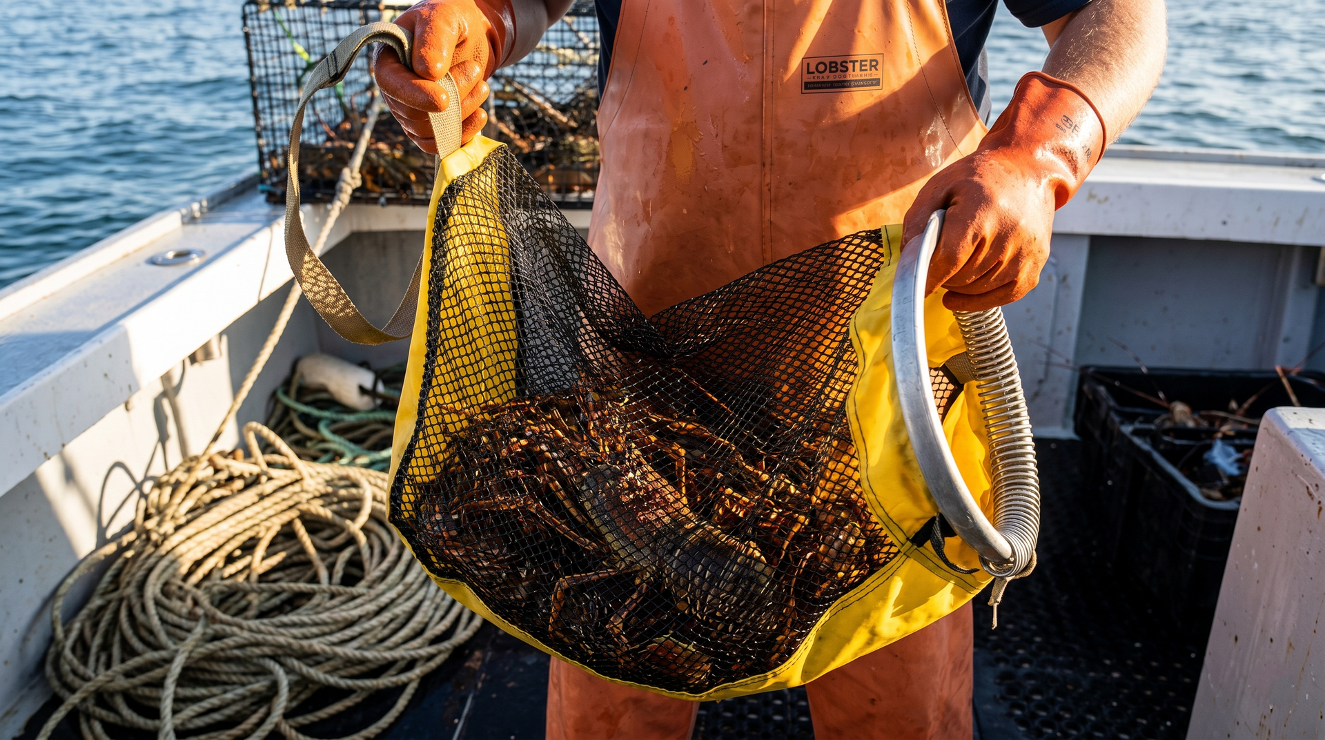 A person in orange waterproof gear holds a yellow mesh bag filled with lobsters on the deck of a boat at sea.
