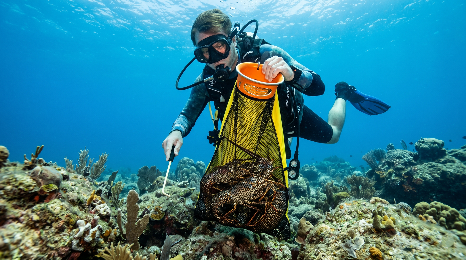 A scuba diver collects invasive lionfish in a yellow mesh bag while swimming over a coral reef in blue water.