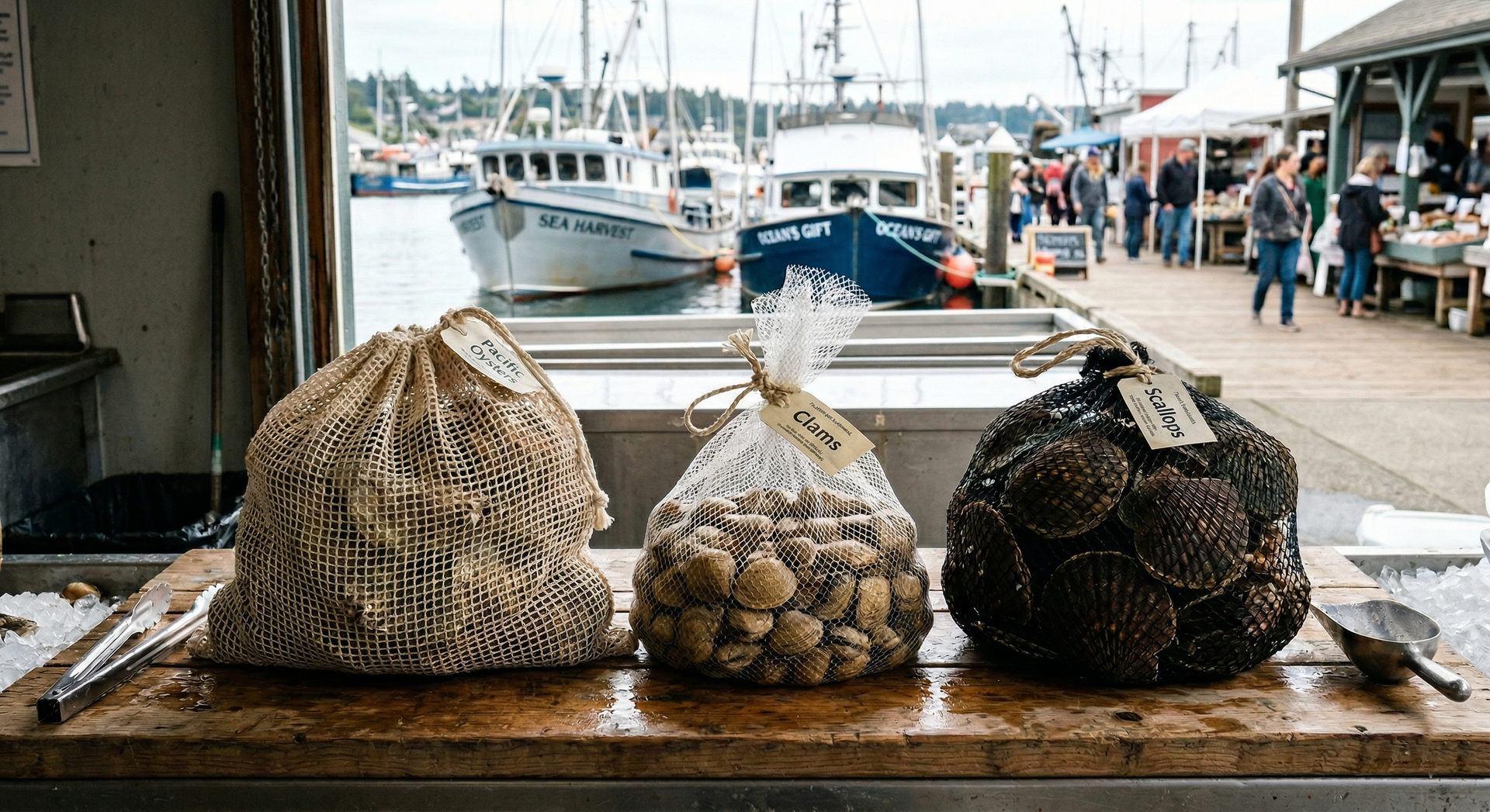 Three mesh bags of various shellfish sitting on a wooden surface at an outdoor market with fishing boats in the background.