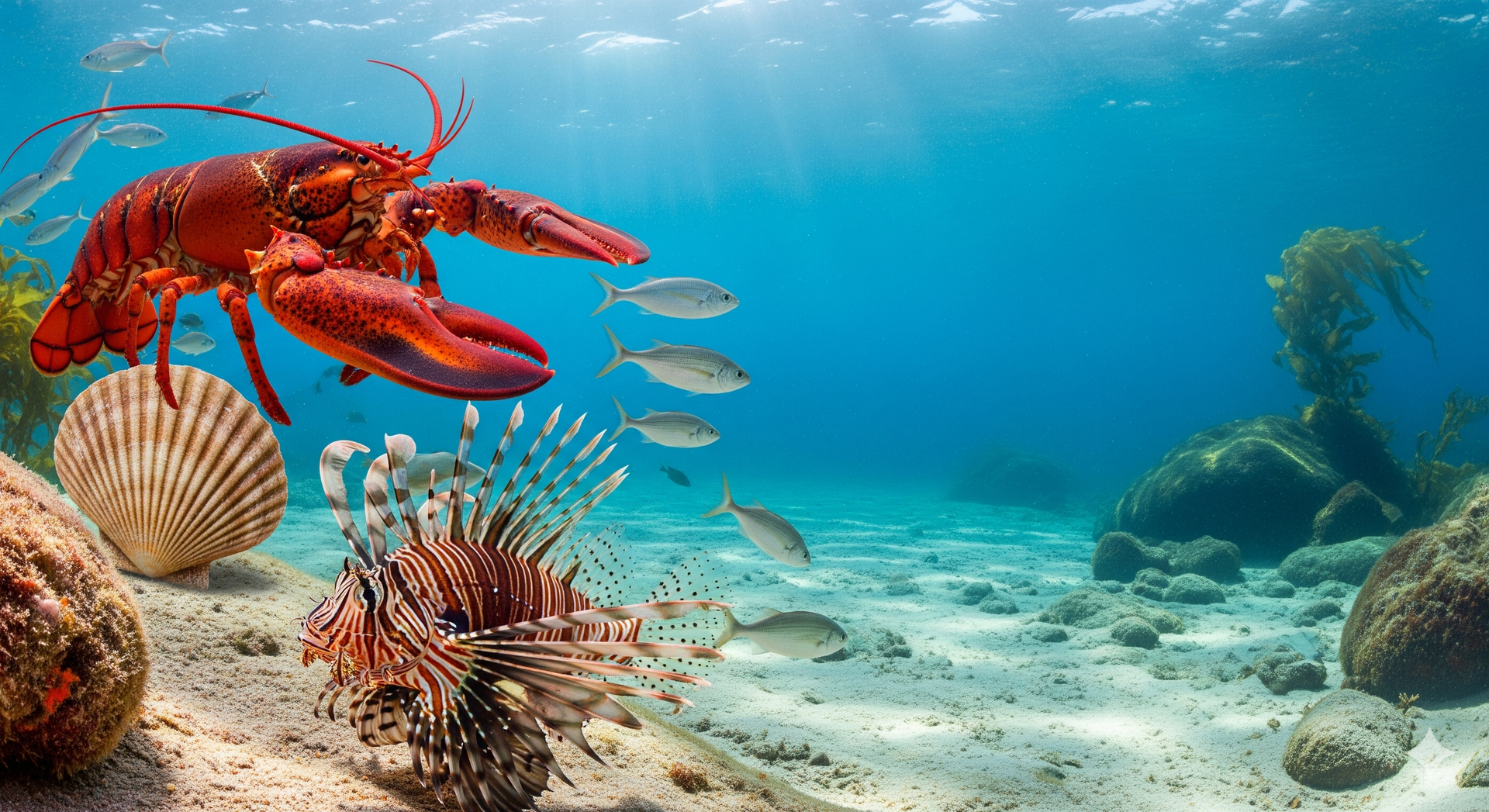Lobster, lionfish, and several fish swim near a seashell on a sandy ocean floor with rocks.