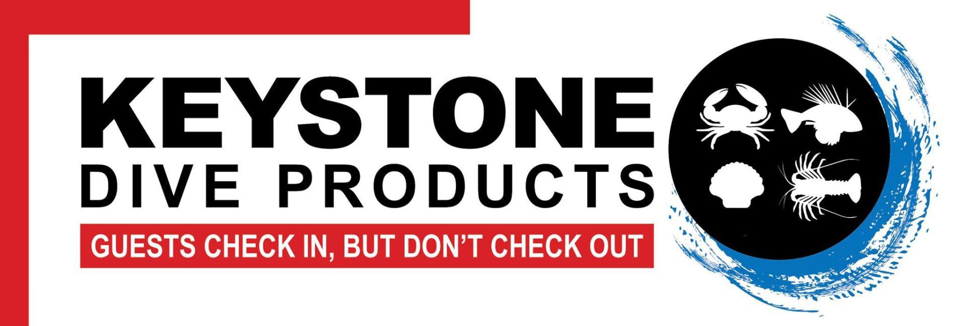 Keystone Dive Products logo with sea creatures and a tagline: Guests check in, but don't check out.