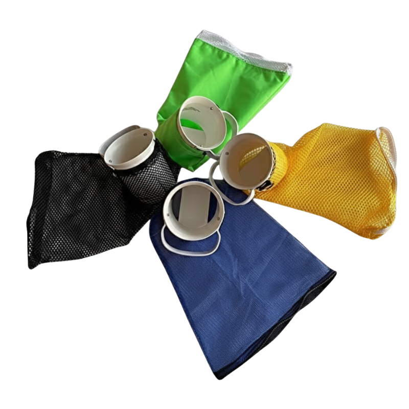 Four colorful mesh bags with white ring handles, each a different color: black, green, blue, and yellow.
