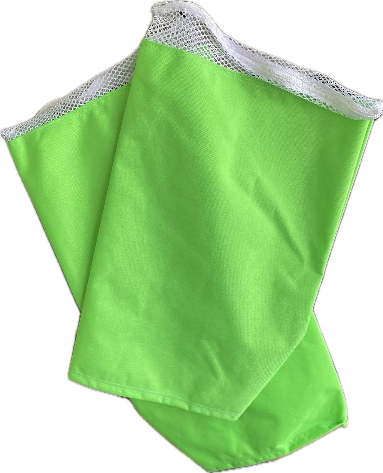 Two bright green mesh laundry bags.