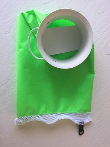 Green dry bag with white opening and mesh detail, lying on a white surface.