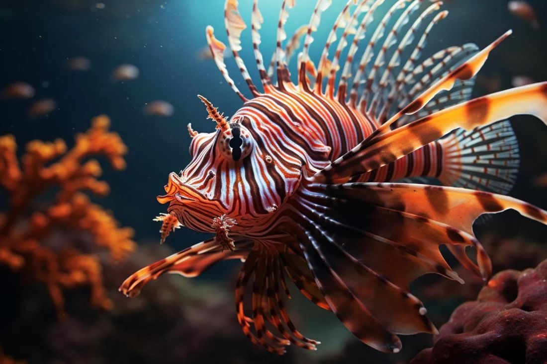Lionfish with red and white stripes swims near coral.