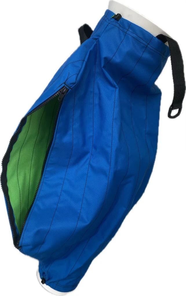 Blue and green zippered pouch with black drawstring.