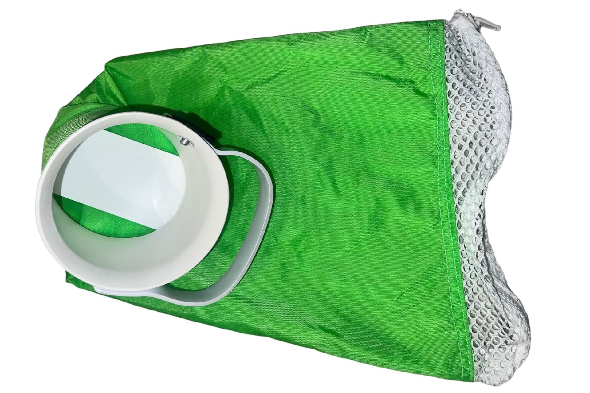 Green mesh laundry bag with white circular opening and handle.