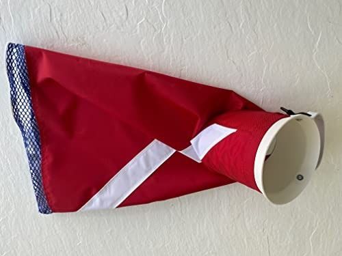 Red and blue mesh bag with a white funnel, angled on a white surface.