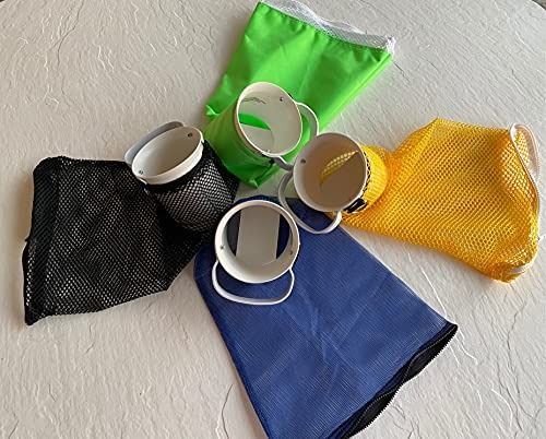 Green mesh laundry bag with white circular opening and handle.