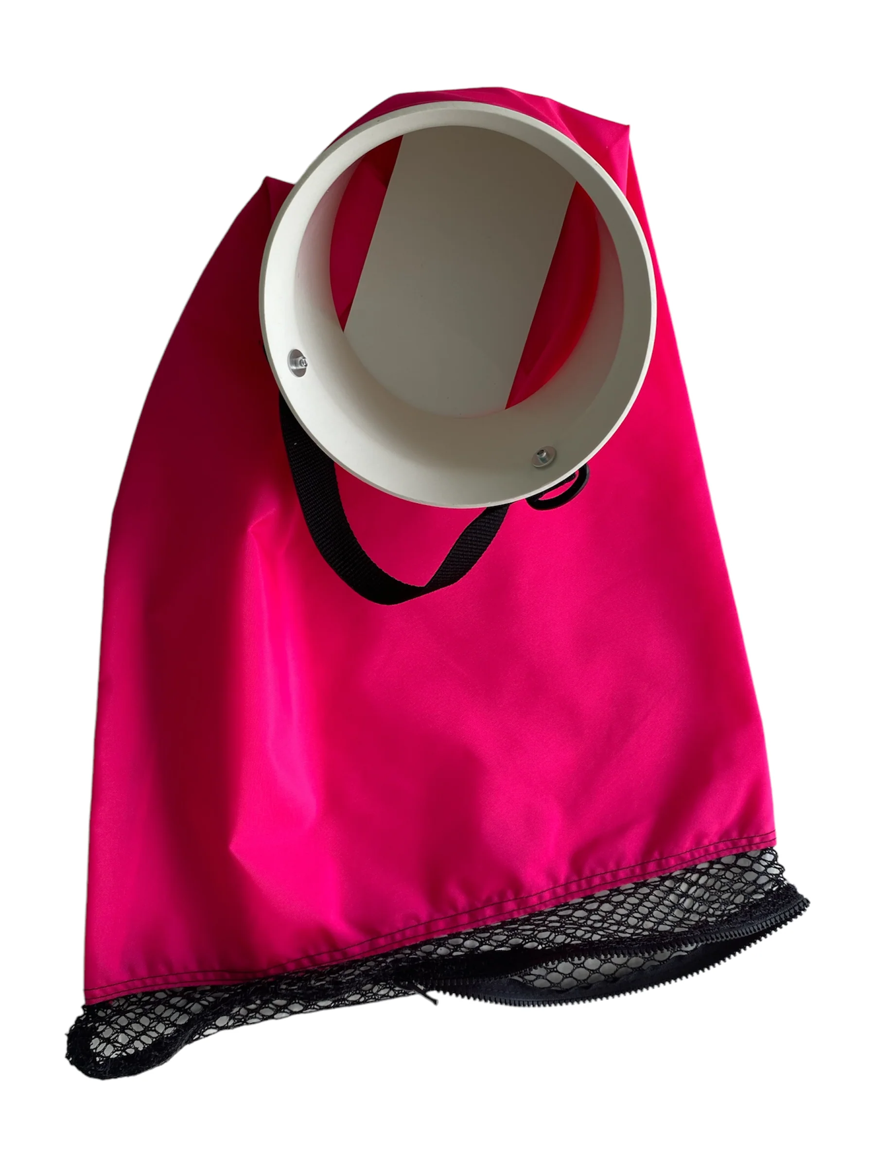 Pink fabric funnel with white collar, black trim, and black handle.