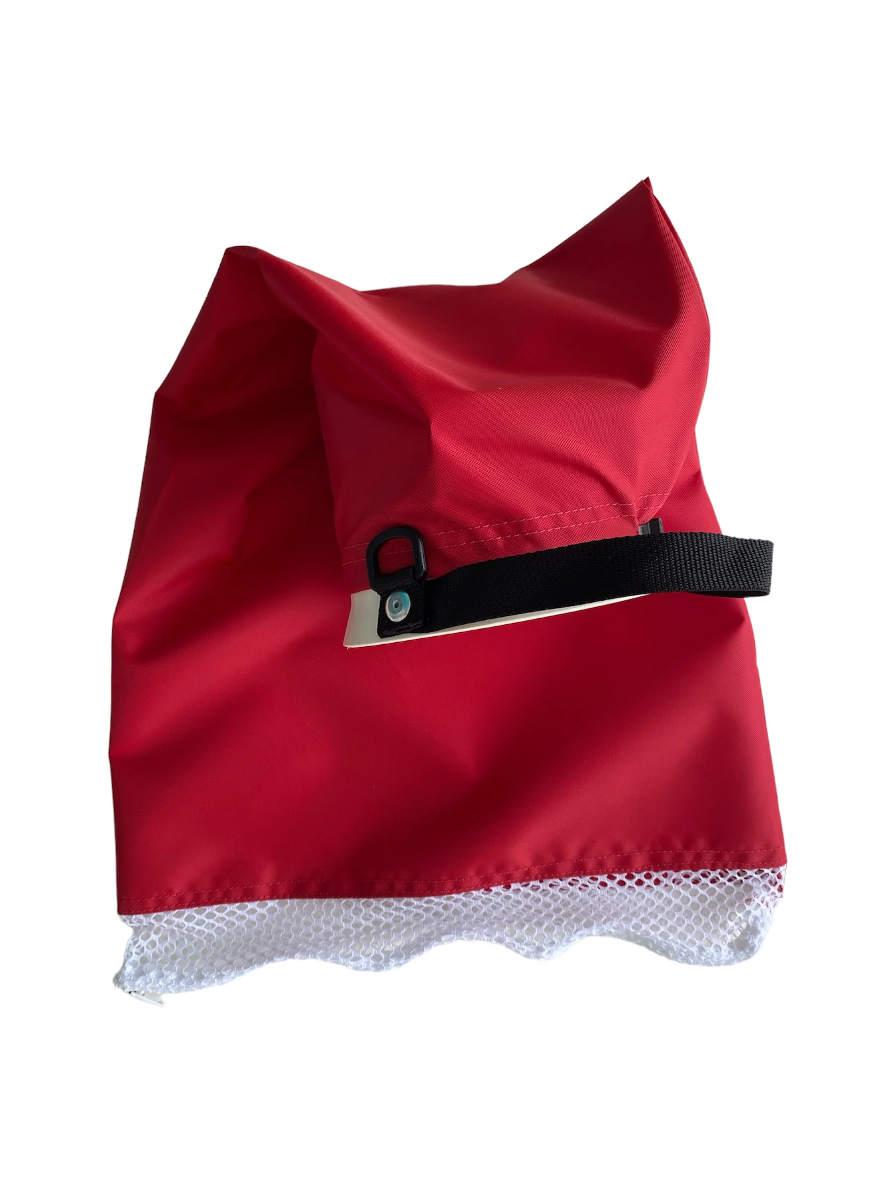 Red dive flag with white diagonal stripe, blue border, and black clip.