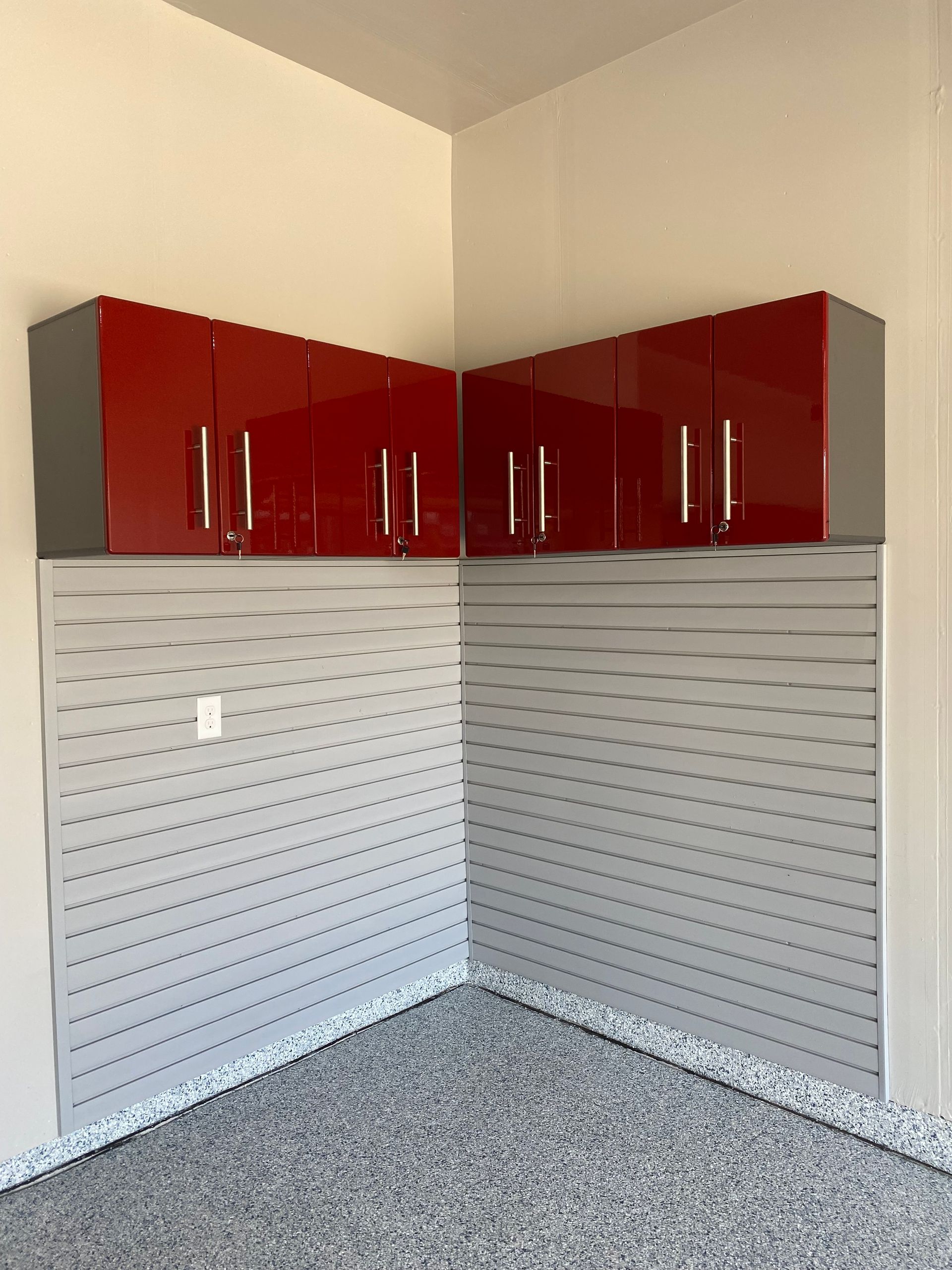 Floating red cabinets for garage
