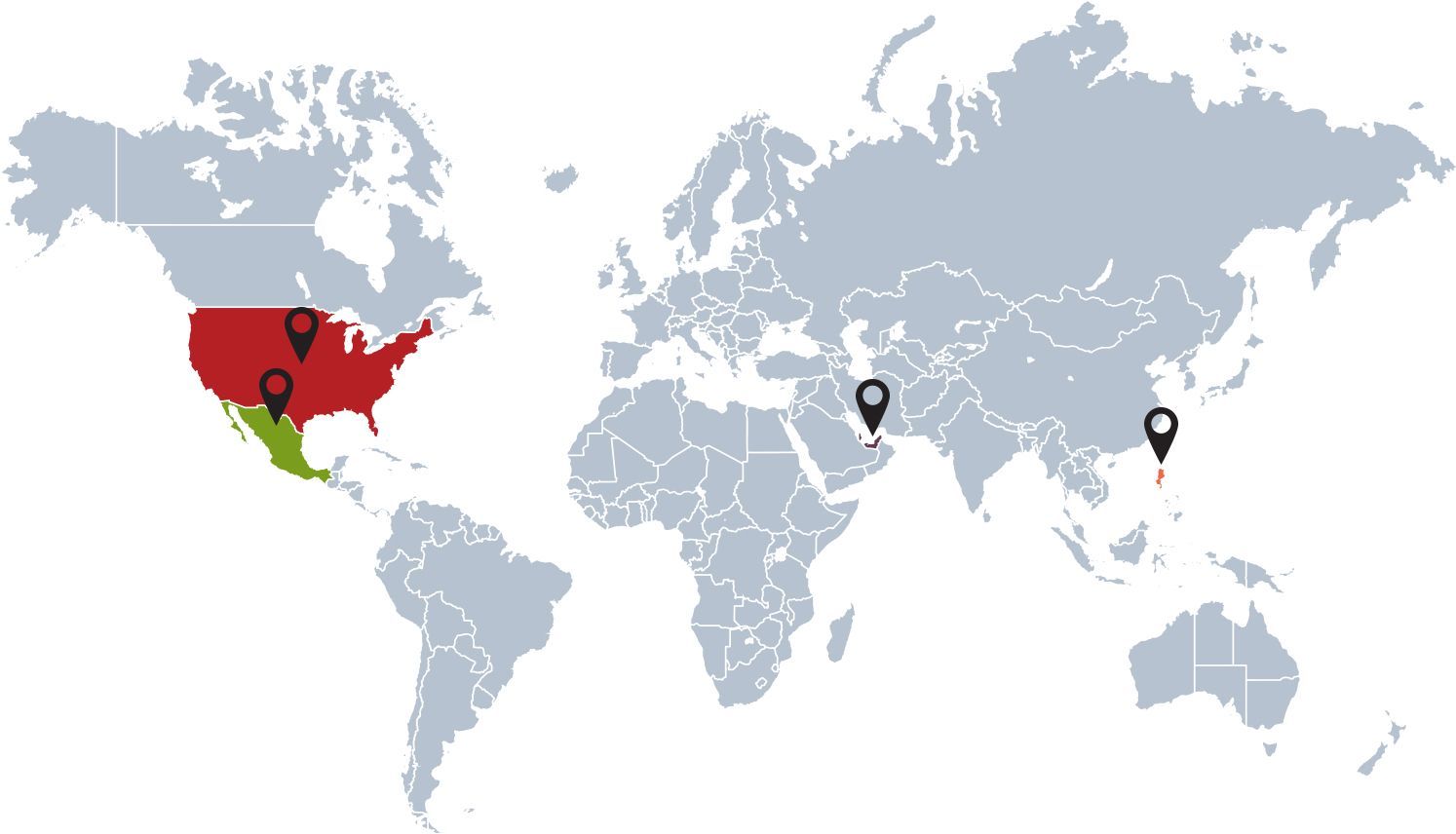 World map highlighting the United States (red) and Mexico (green) with four pin markers: Middle East, India, and Southeast Asia.