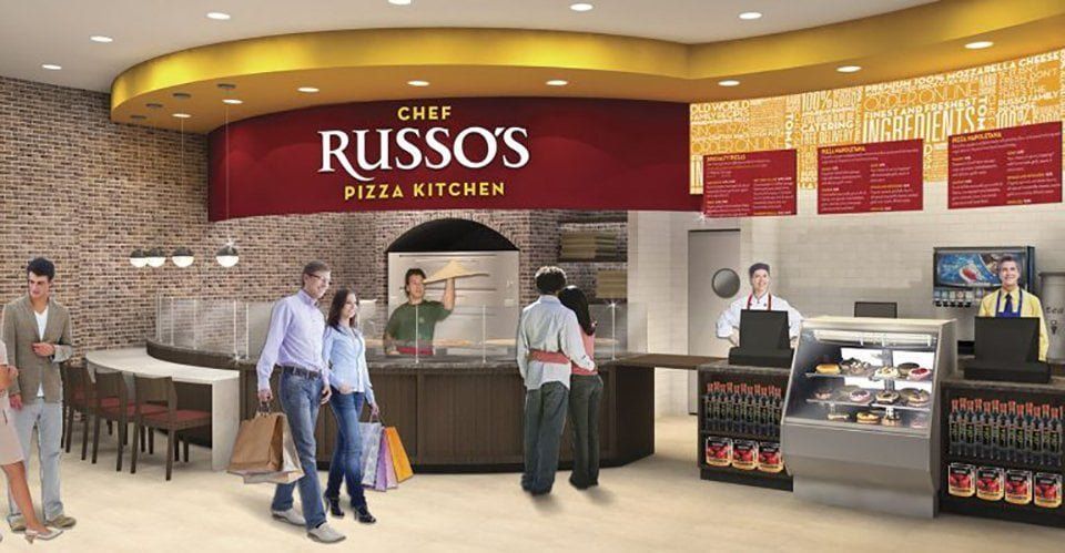 Interior of Russo's Pizza Kitchen, with customers ordering and staff taking orders. Red signage, beige walls, and a yellow ceiling.