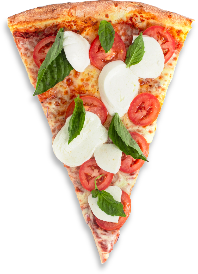 Slice of pizza with tomatoes, mozzarella, and basil.
