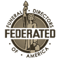 A logo for Federated Funeral Directors of America, featuring a torch-bearing statue inside a circular emblem.