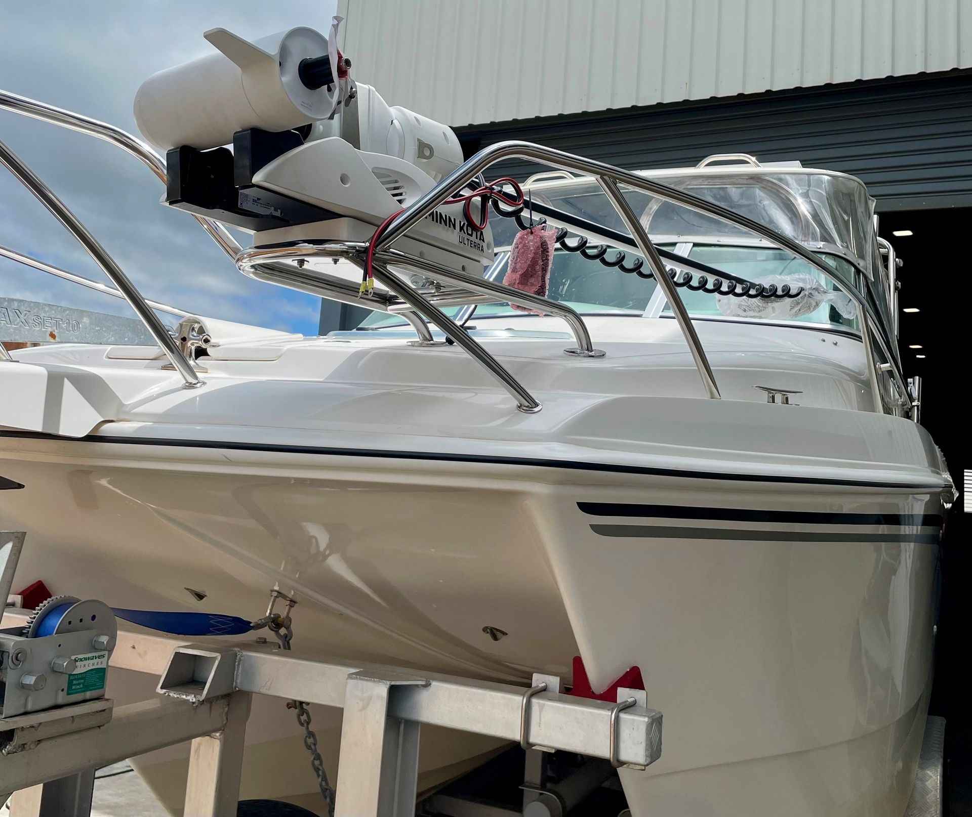 A Large White Yacht Is Parked with Handrails — Townsville Stainless Steel in Garbutt, QLD