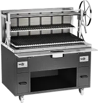 Grilled meat on skewers rotating over an open flame — Townsville Stainless Steel in Garbutt, QLD