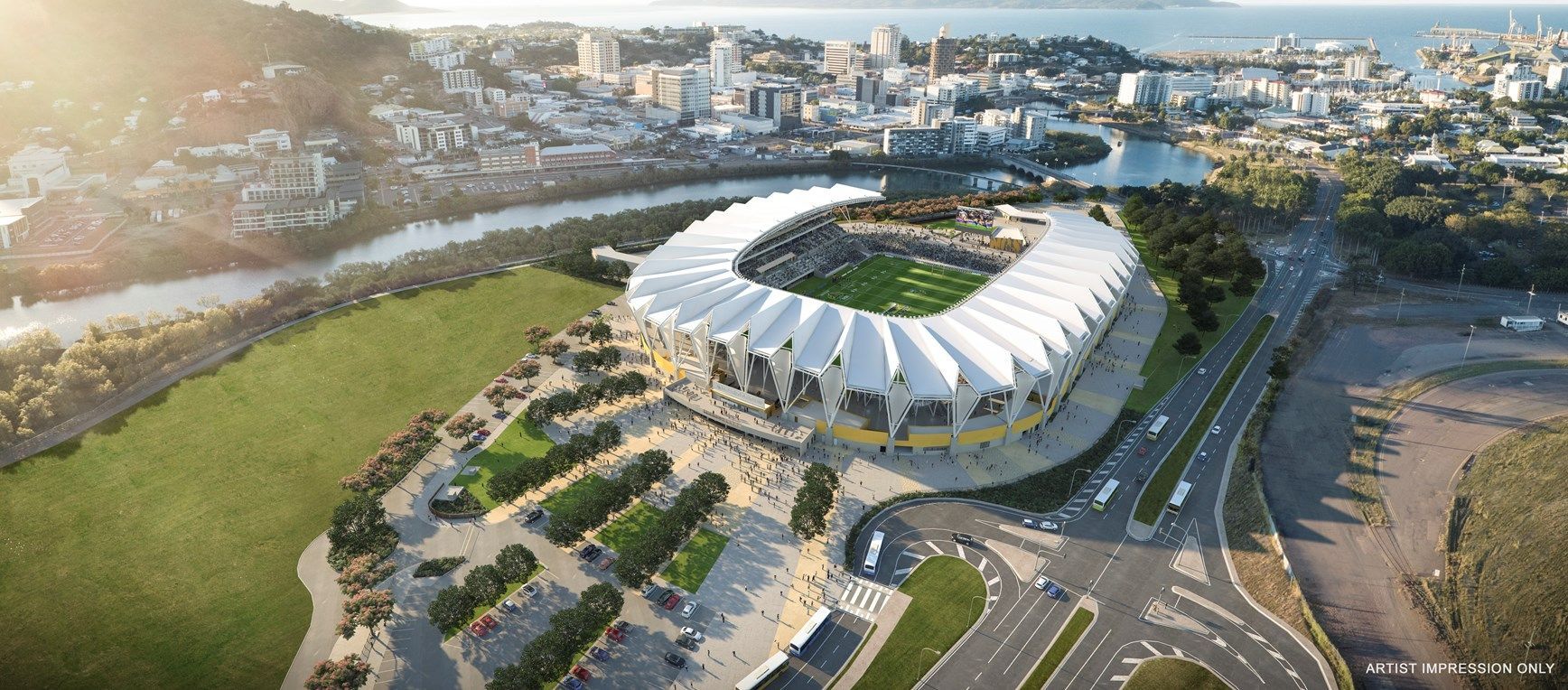 An Aerial View of A Large White Stadium in A City — Townsville Stainless Steel in Garbutt, QLD
