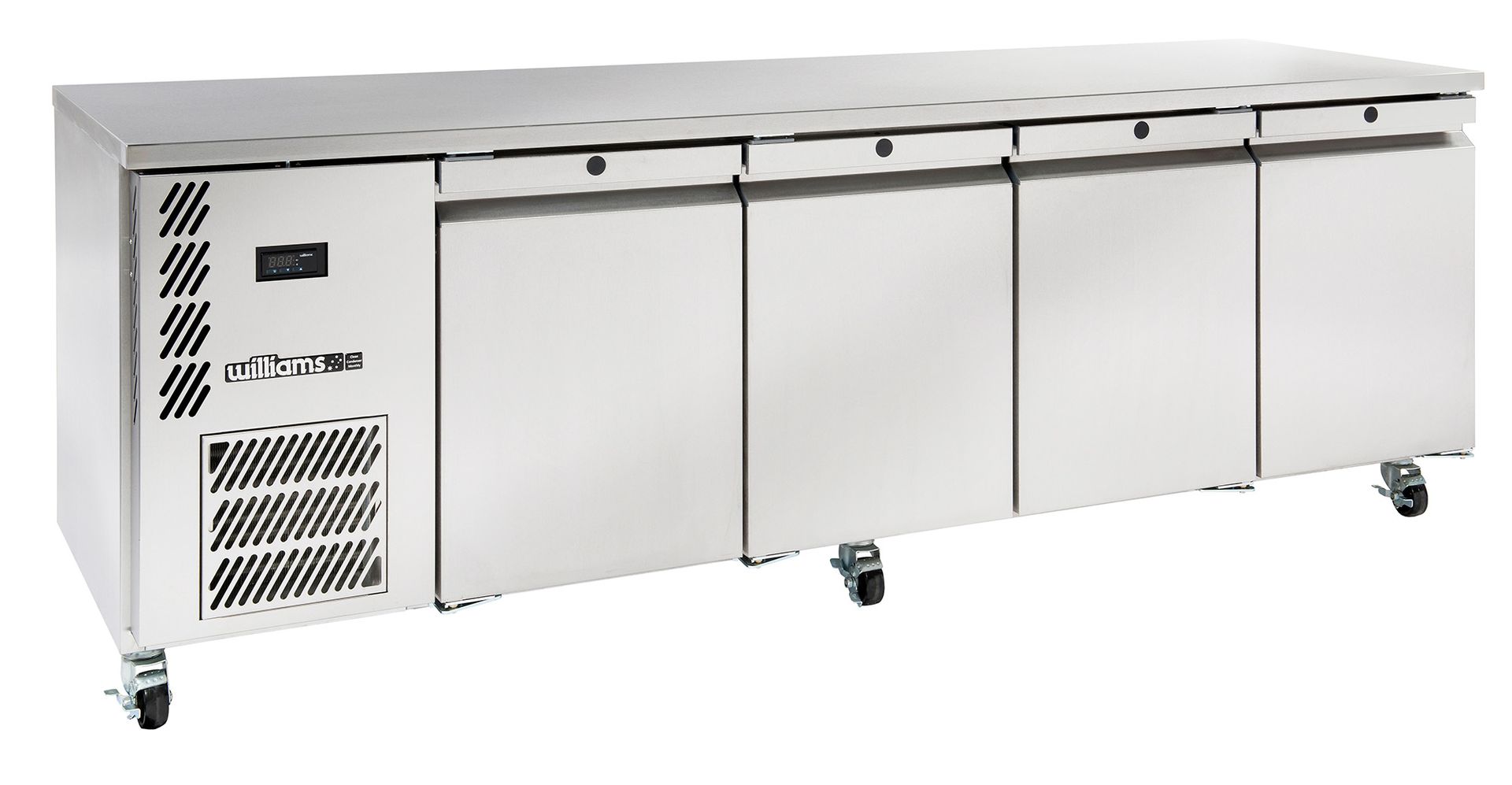 Stainless steel commercial refrigerator with three doors and casters.