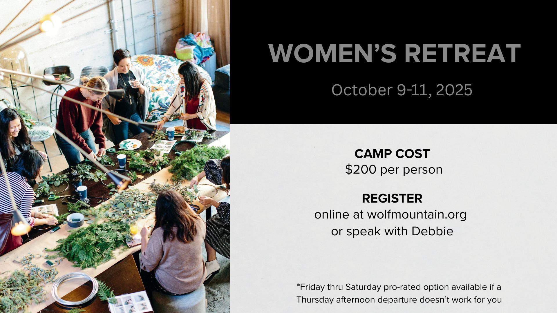Women's Retreat at Wolf Mountain logo with information on what the cost, etc. is