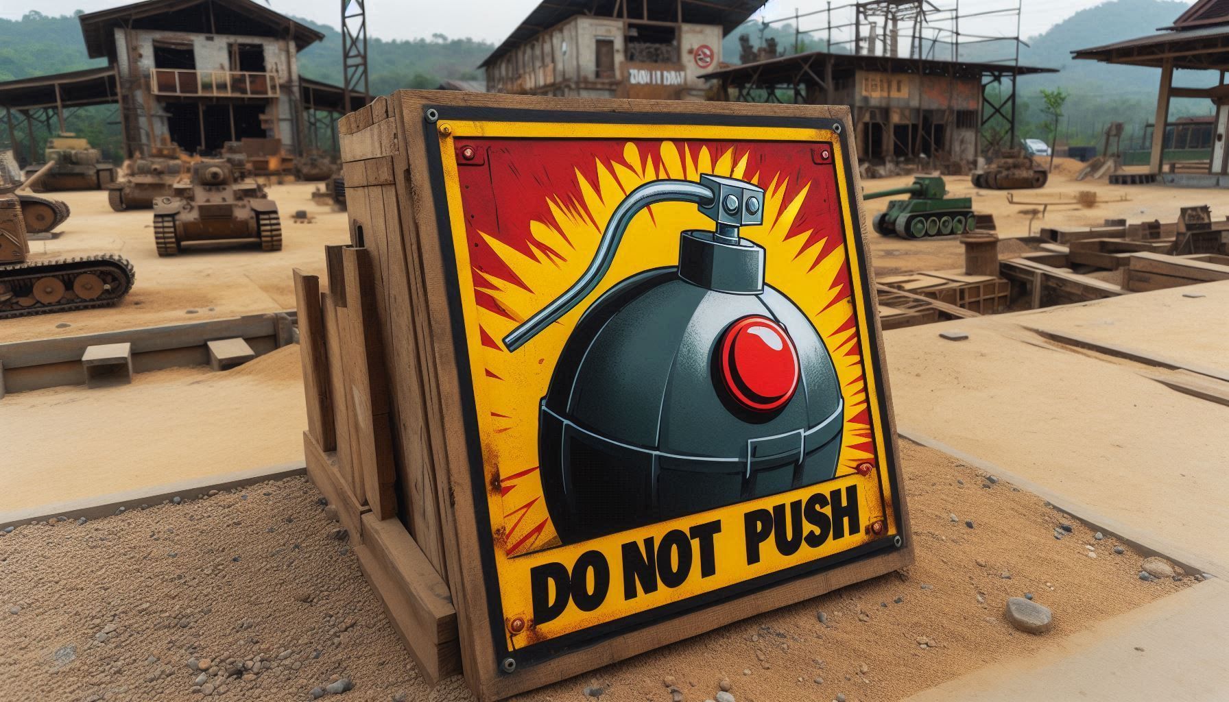 piece of wood with a picture of a bomb with a big red 